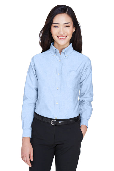 UltraClub 8990 Womens Classic Oxford Wrinkle Resistant Long Sleeve Button Down Shirt w/ Pocket Light Blue Model Front