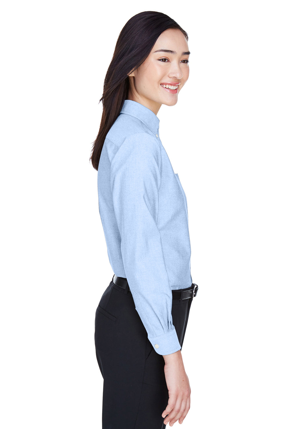 UltraClub 8990 Womens Classic Oxford Wrinkle Resistant Long Sleeve Button Down Shirt w/ Pocket Light Blue Model Side