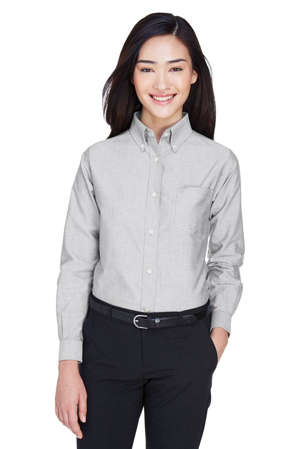 UltraClub 8990 Womens Classic Oxford Wrinkle Resistant Long Sleeve Button Down Shirt w/ Pocket Charcoal Grey Model Front