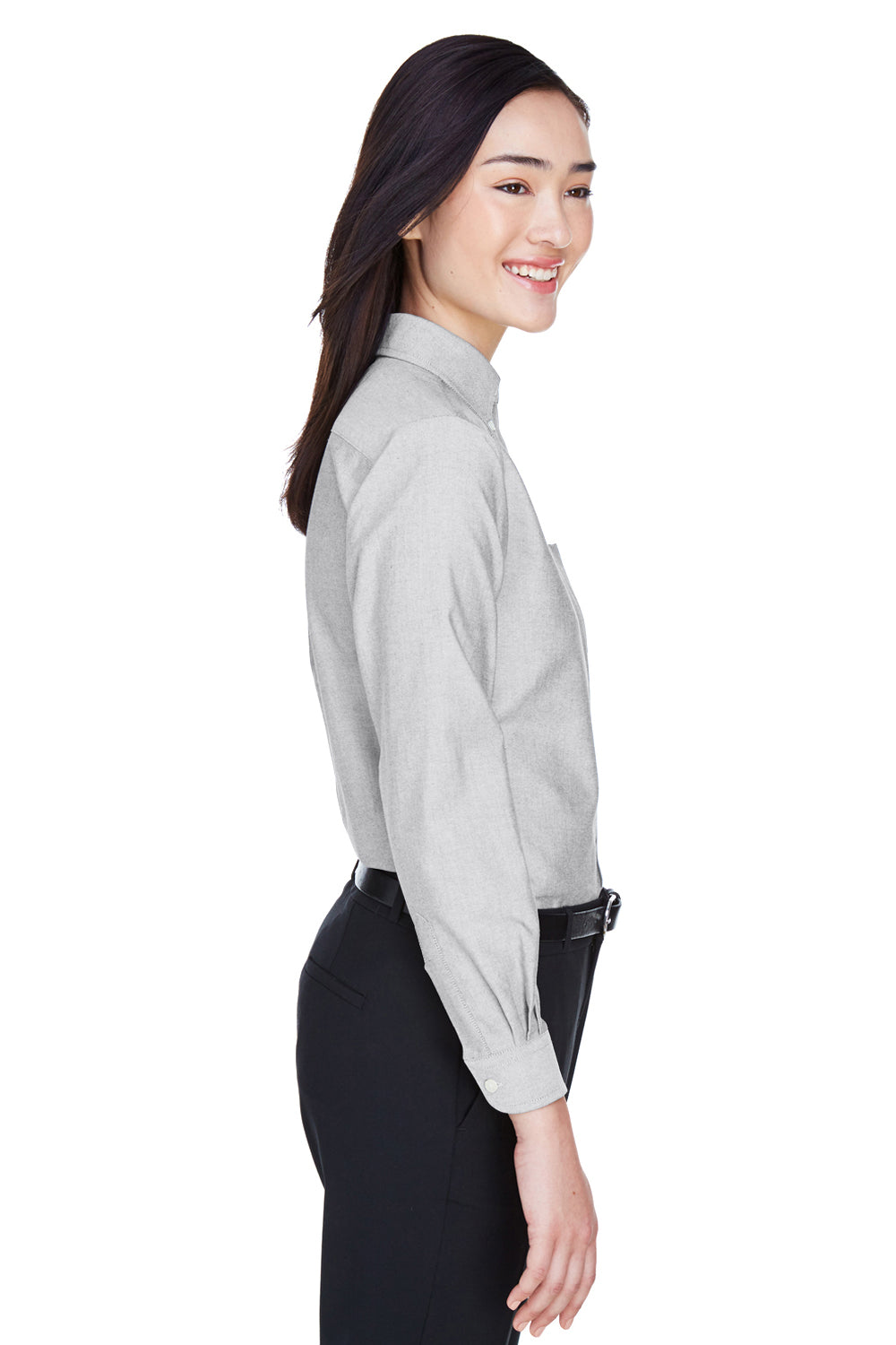 UltraClub 8990 Womens Classic Oxford Wrinkle Resistant Long Sleeve Button Down Shirt w/ Pocket Charcoal Grey Model Side