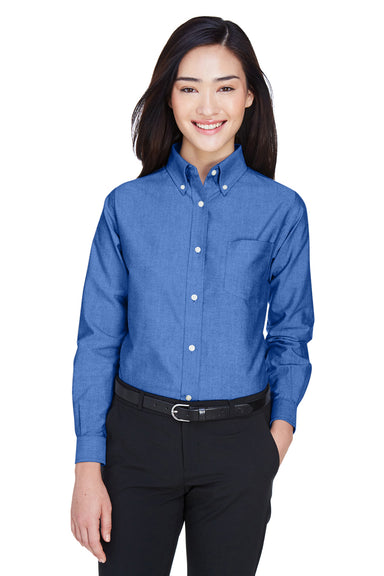 UltraClub 8990 Womens Classic Oxford Wrinkle Resistant Long Sleeve Button Down Shirt w/ Pocket French Blue Model Front