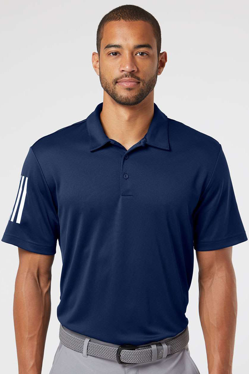 Adidas A480 Mens Floating 3 Stripes UPF 50+ Short Sleeve Polo Shirt Team Navy Blue/White Model Front