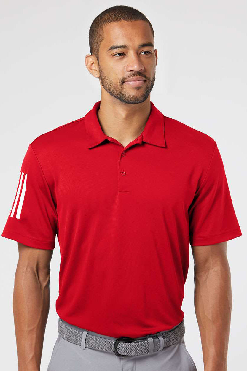 Adidas A480 Mens Floating 3 Stripes UPF 50+ Short Sleeve Polo Shirt Team Power Red/White Model Front