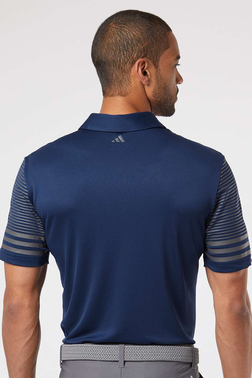 Adidas A490 Mens Striped UPF 50+ Short Sleeve Polo Shirt Team Navy Blue/Grey Model Back