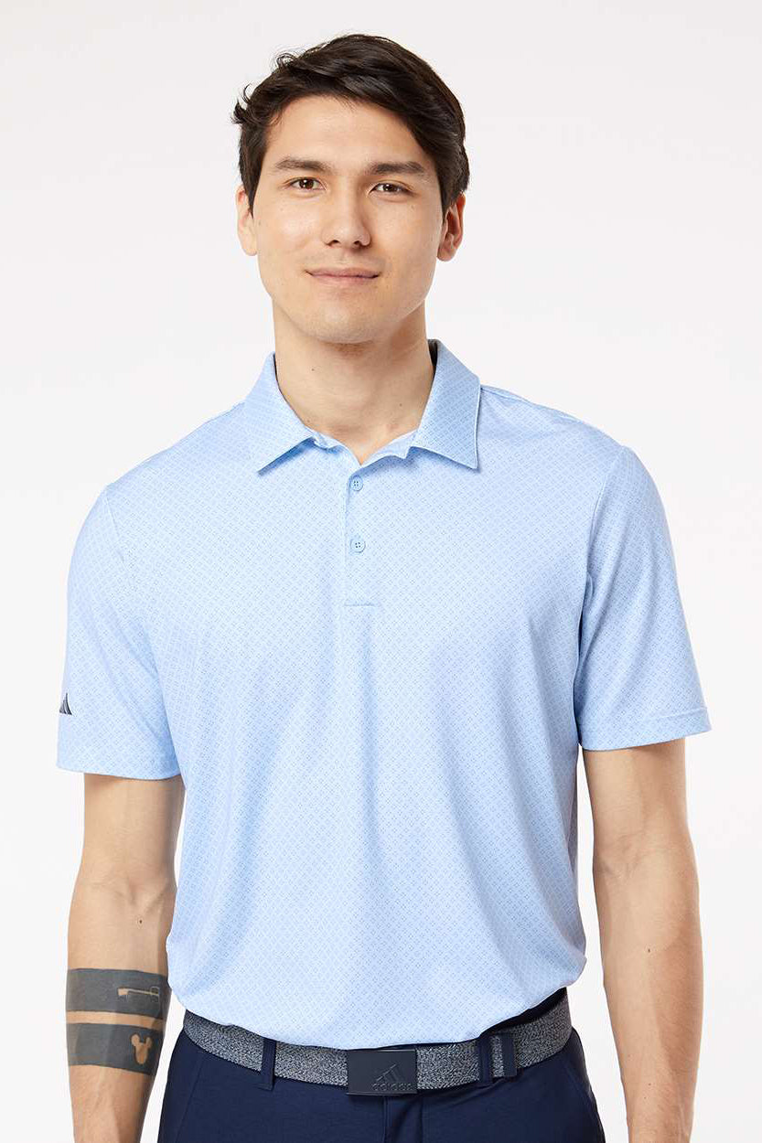 Adidas A498 Mens Diamond Dot Moisture Wicking Short Sleeve Polo Shirt Glow Blue/White/Navy Blue Model Front