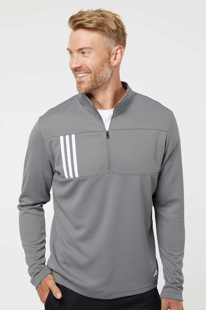 Adidas A482 Mens 3 Stripes Double Knit Moisture Wicking 1/4 Zip Sweatshirt Grey/White Model Front