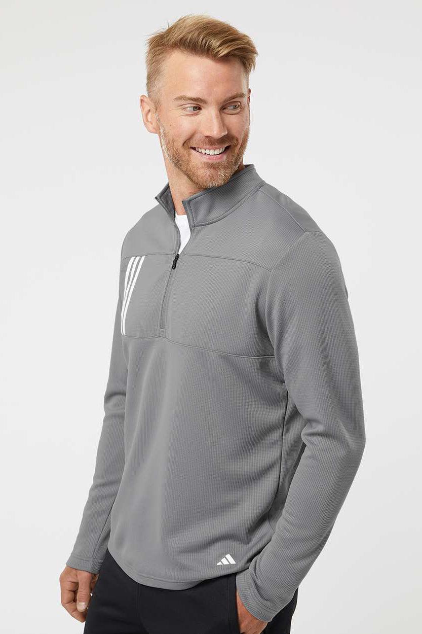 Adidas A482 Mens 3 Stripes Double Knit Moisture Wicking 1/4 Zip Sweatshirt Grey/White Model Side