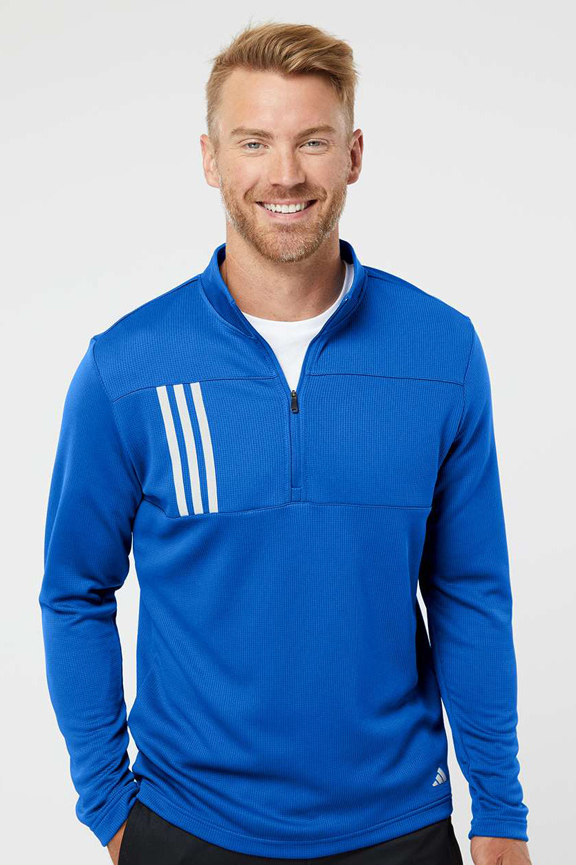 Adidas A482 Mens 3 Stripes Double Knit Moisture Wicking 1/4 Zip Sweatshirt Team Royal Blue/Grey Model Front