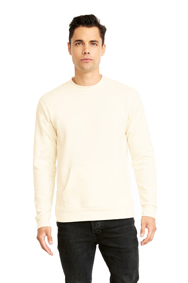 Next Level 9001 Mens Fleece Crewneck Sweatshirt w/ Pouch Pocket Natural Model Front