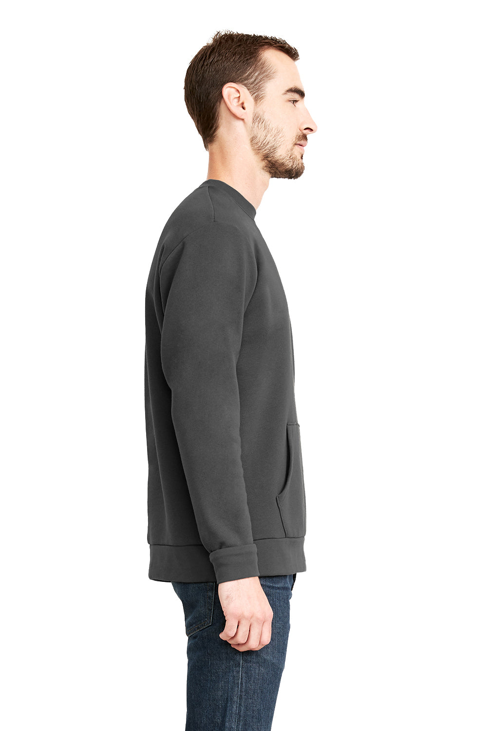 Next Level 9001 Mens Fleece Crewneck Sweatshirt w/ Pouch Pocket Heavy Metal Grey Model Side