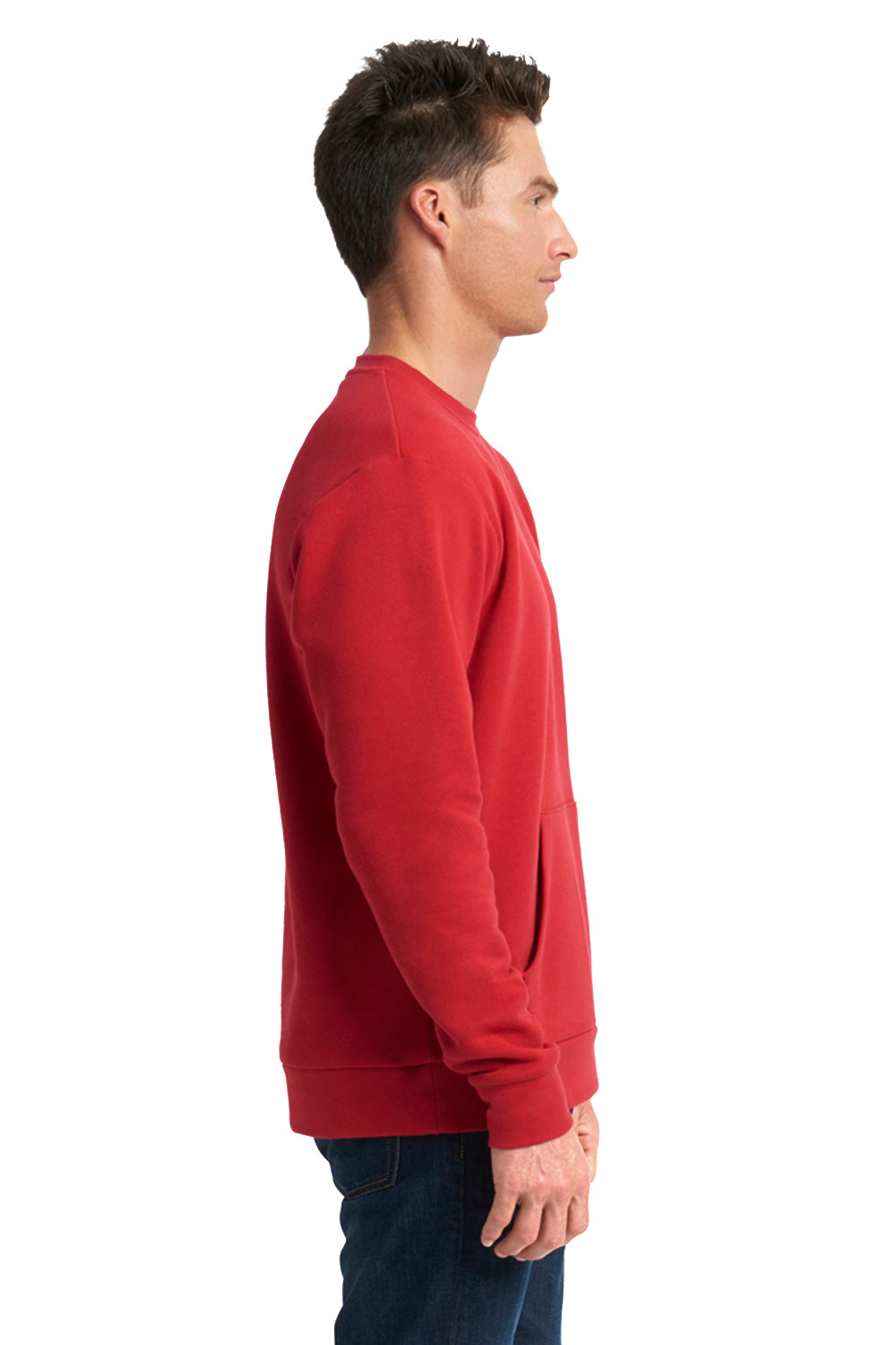 Next Level 9001 Mens Fleece Crewneck Sweatshirt w/ Pouch Pocket Red Model Side