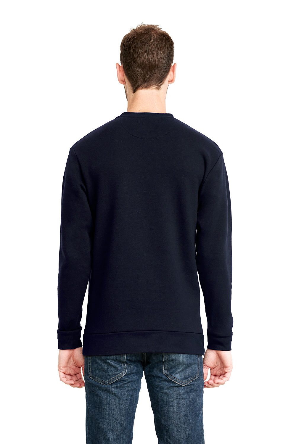 Next Level 9001 Mens Fleece Crewneck Sweatshirt w/ Pouch Pocket Midnight Navy Blue Model Back