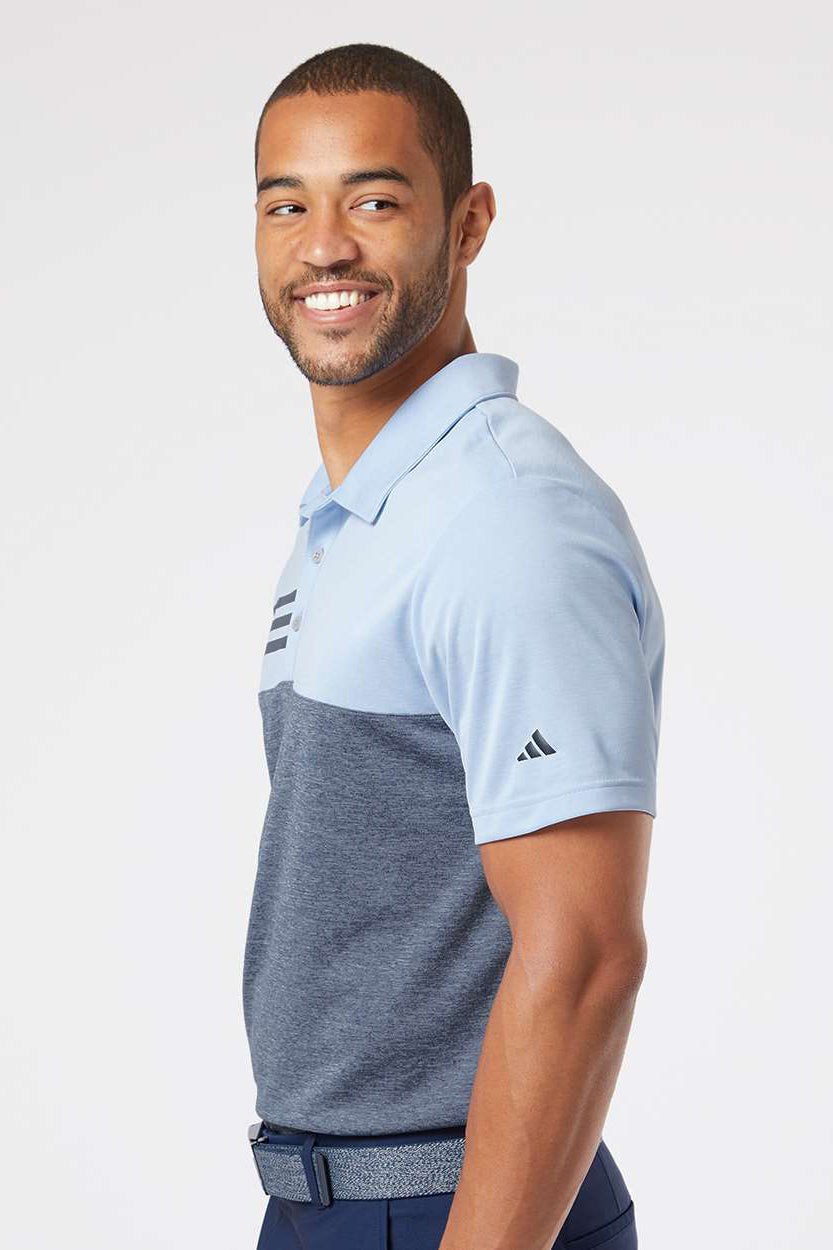 Adidas A508 Mens 3 Stripes Colorblock UPF 50+ Short Sleeve Polo Shirt Glow Blue Heather/Heather Collegiate Navy Blue Model Side