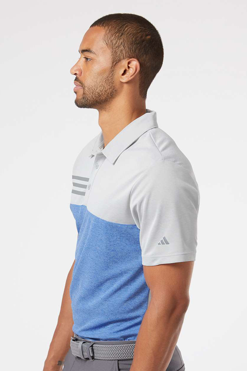 Adidas A508 Mens 3 Stripes Colorblock UPF 50+ Short Sleeve Polo Shirt Heather Grey/Heather Collegiate Royal Blue Model Side