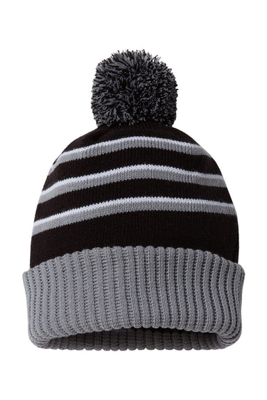 Richardson 134 Mens Pom Cuffed Beanie Black/Grey/White Flat Front