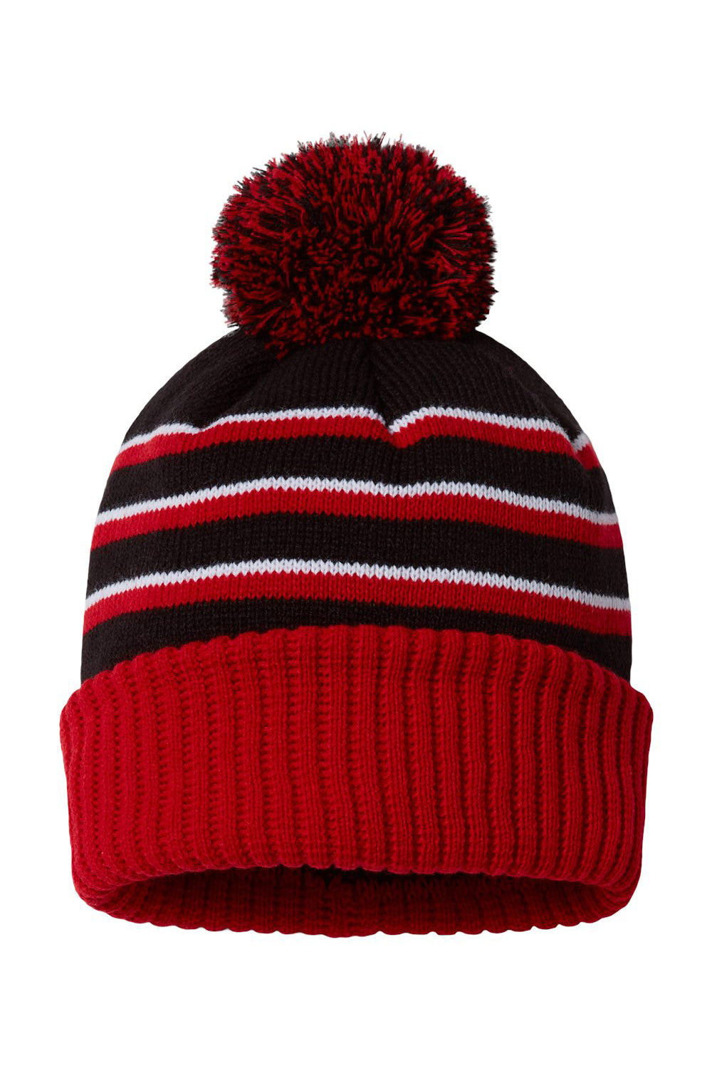 Richardson 134 Mens Pom Cuffed Beanie Black/Red/White Flat Front