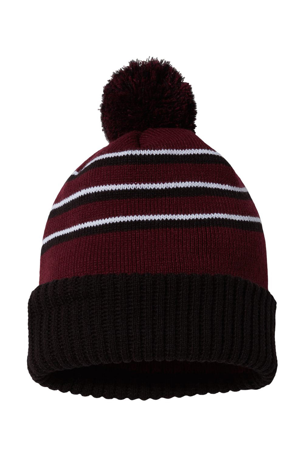 Richardson 134 Mens Pom Cuffed Beanie Maroon/Black/White Flat Front