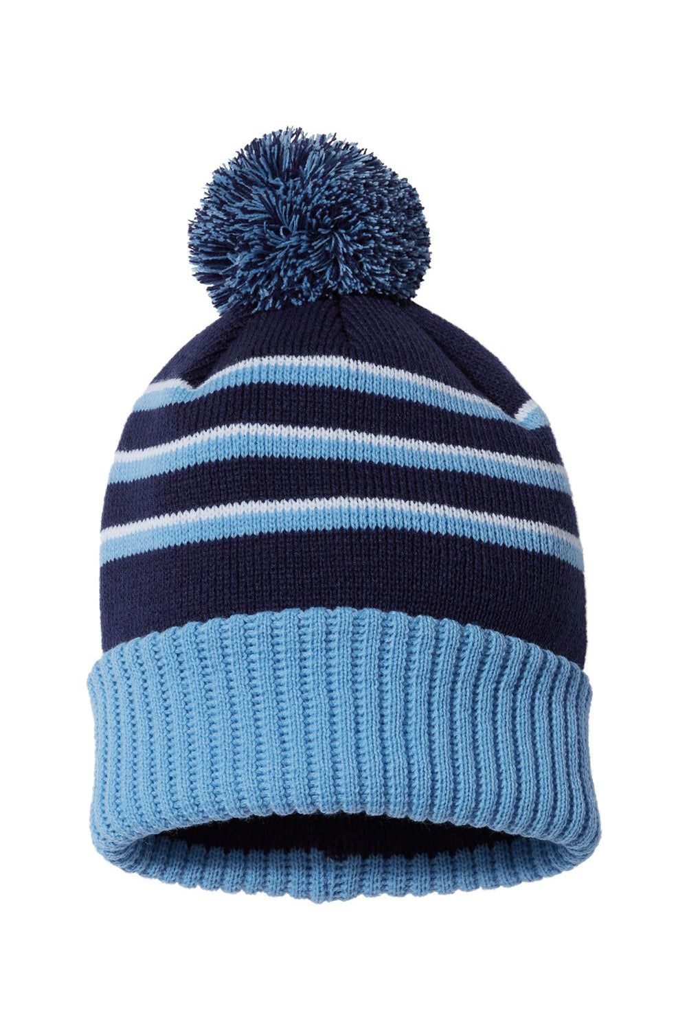 Richardson 134 Mens Pom Cuffed Beanie Navy Blue/Columbia Blue/White Flat Front