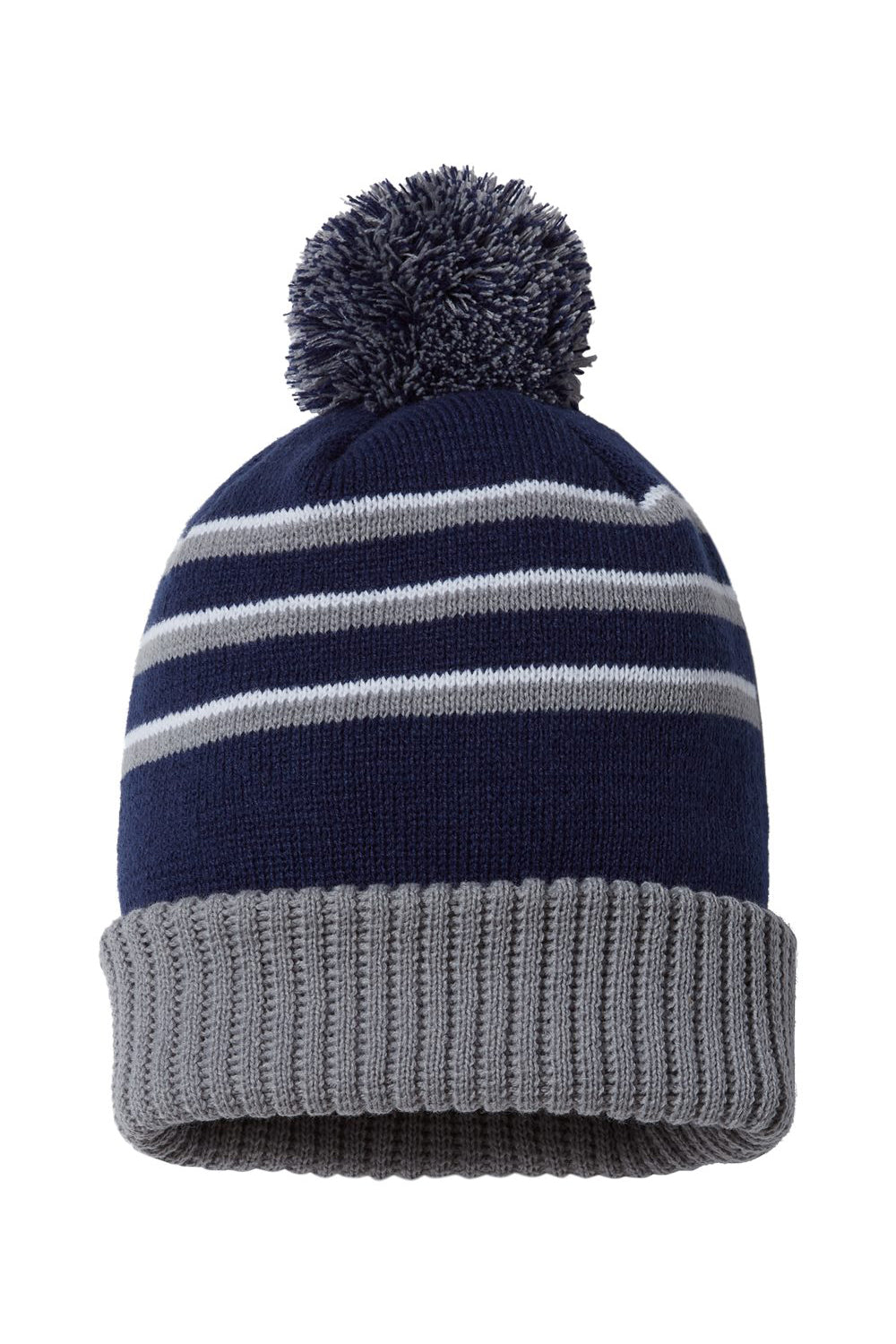 Richardson 134 Mens Pom Cuffed Beanie Navy Blue/Grey/White Flat Front