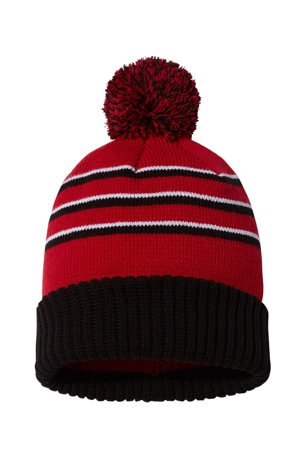 Richardson 134 Mens Pom Cuffed Beanie Red/Black/White Flat Front