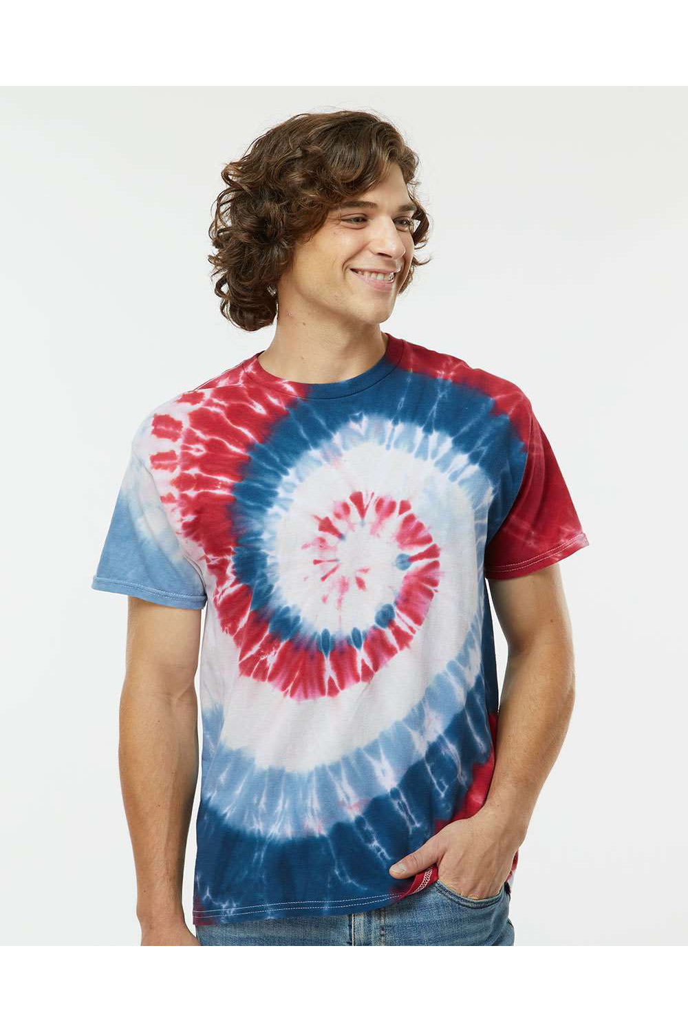 Dyenomite 200MS Mens Spiral Tie Dyed Short Sleeve Crewneck T-Shirt Patriot Model Front