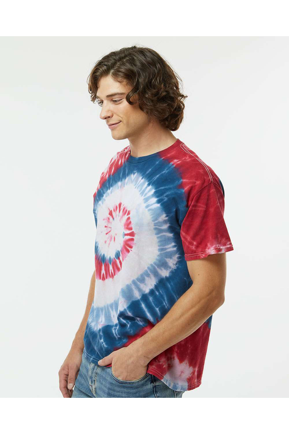 Dyenomite 200MS Mens Spiral Tie Dyed Short Sleeve Crewneck T-Shirt Patriot Model Side