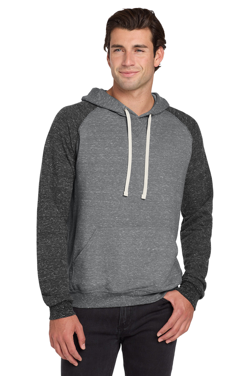 Jerzees 90M/90MR Mens Vintage Snow French Terry Hooded Sweatshirt Hoodie w/ Pouch Pocket Heather Charcoal Grey/Black Model Front