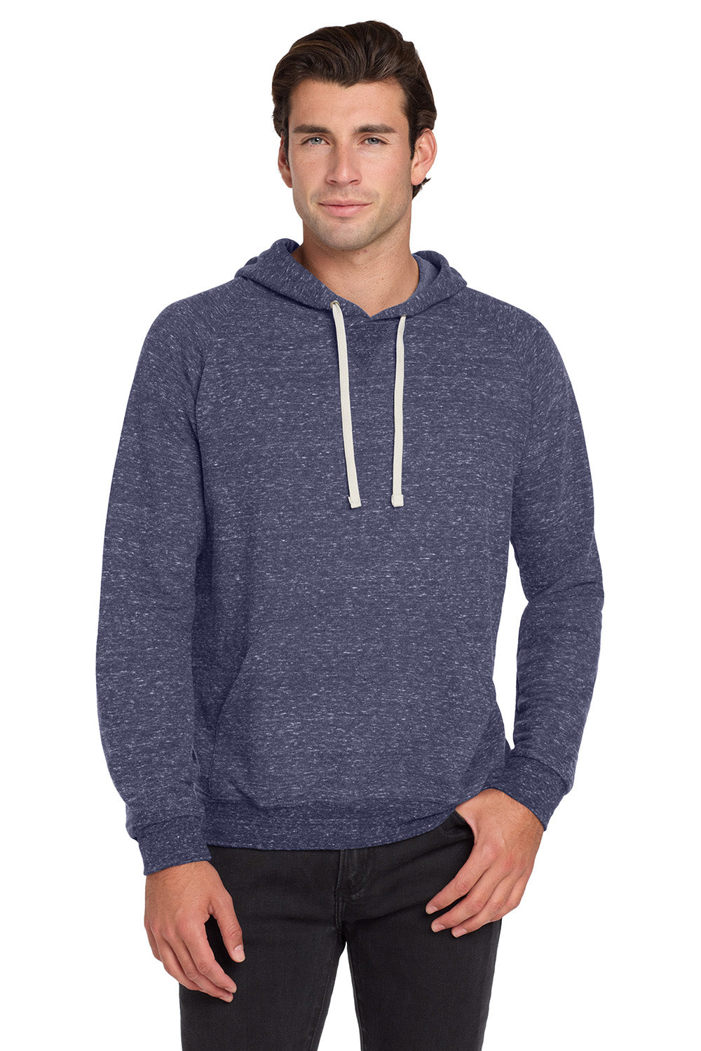 Jerzees 90M/90MR Mens Vintage Snow French Terry Hooded Sweatshirt Hoodie w/ Pouch Pocket Heather Navy Blue Model Front