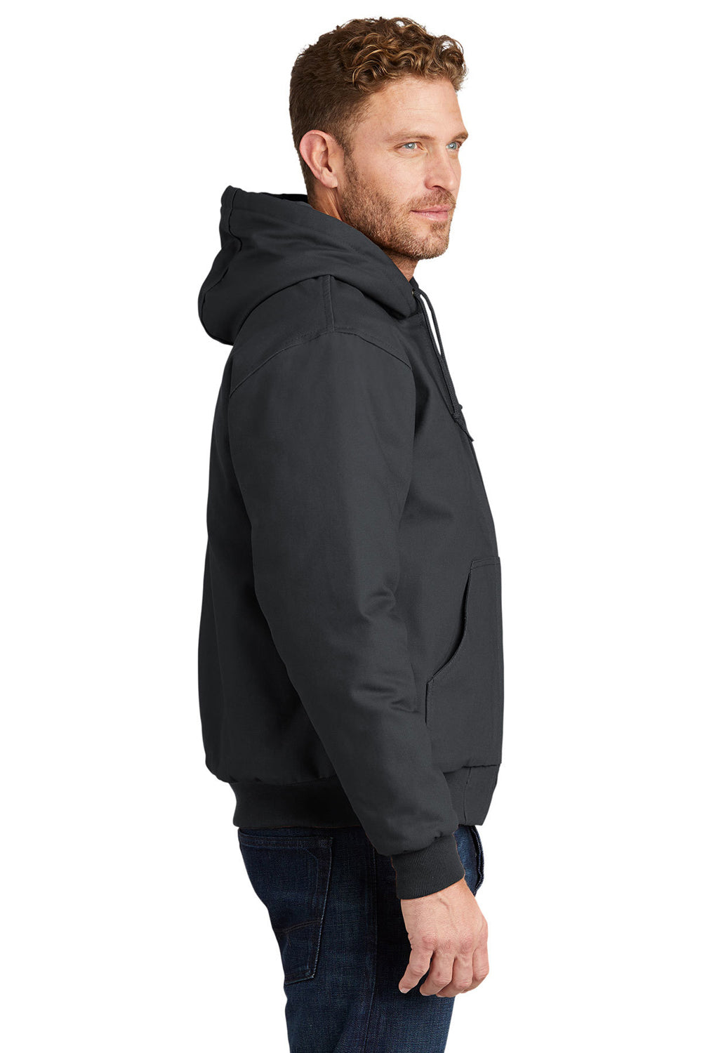 CornerStone J763H/TLJ763H Mens Duck Cloth Full Zip Hooded Jacket Charcoal Grey Model Side