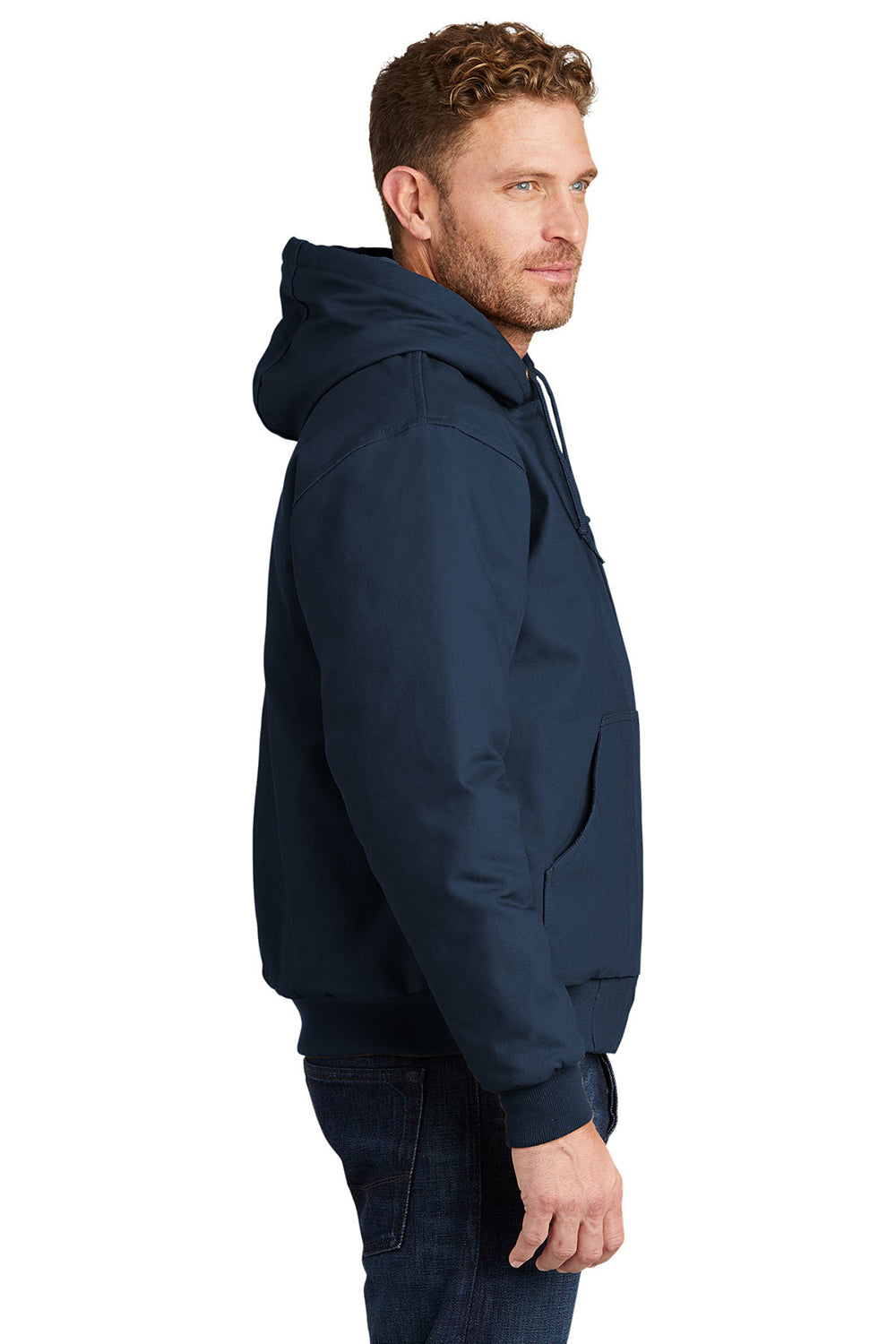 CornerStone J763H/TLJ763H Mens Duck Cloth Full Zip Hooded Jacket Navy Blue Model Side