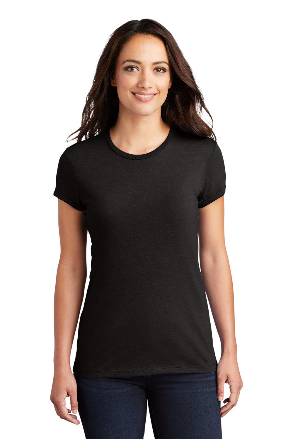 District DT155 Womens Fitted Perfect Tri Short Sleeve Crewneck T-Shirt Black Model Front