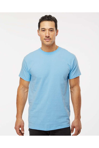 M&O 4800 Mens Gold Soft Touch Short Sleeve Crewneck T-Shirt Light Blue Model Front