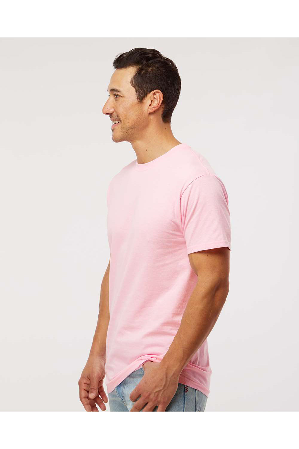 M&O 4800 Mens Gold Soft Touch Short Sleeve Crewneck T-Shirt Light Pink Model Side