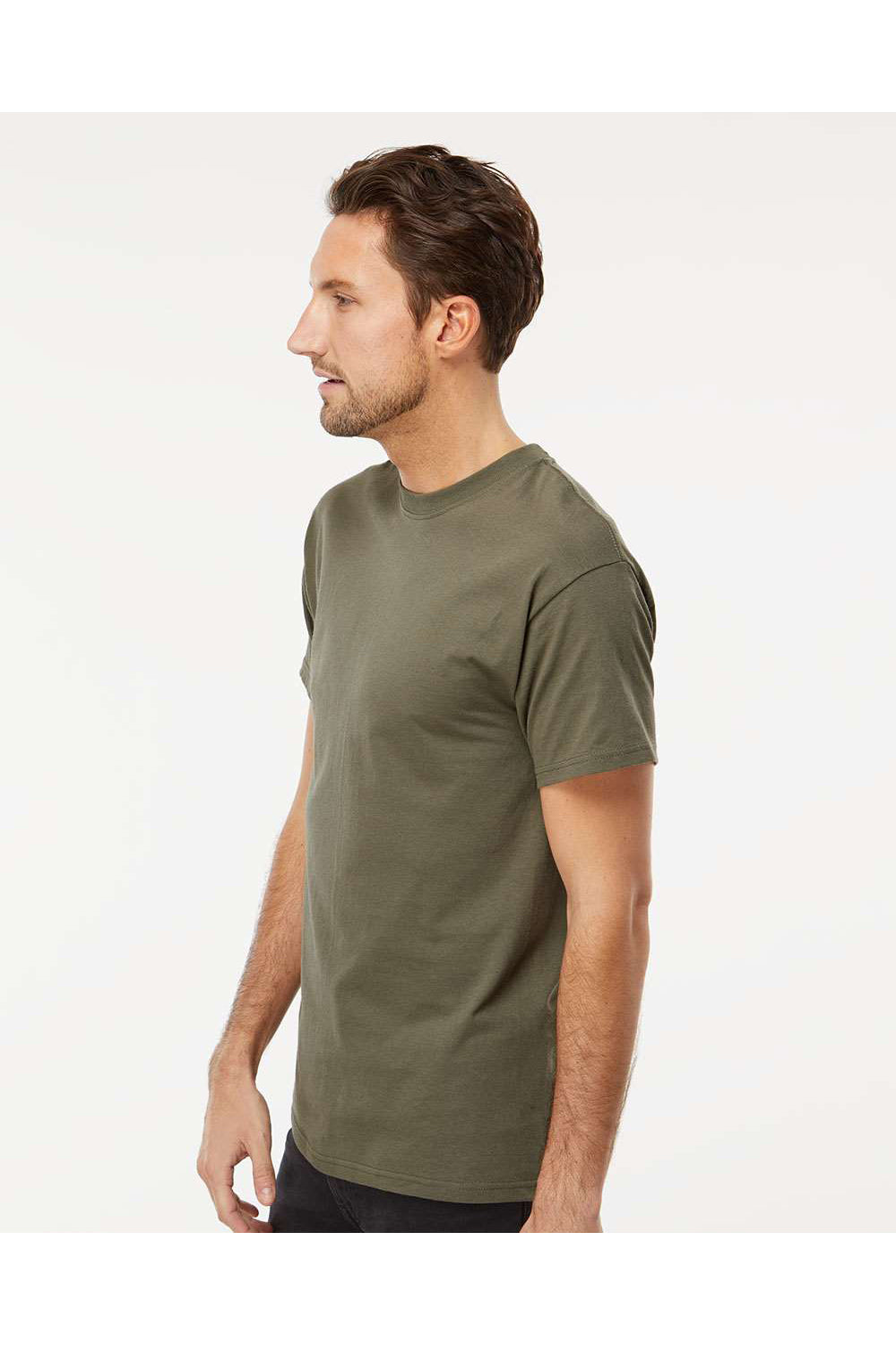 M&O 4800 Mens Gold Soft Touch Short Sleeve Crewneck T-Shirt Military Green Model Side