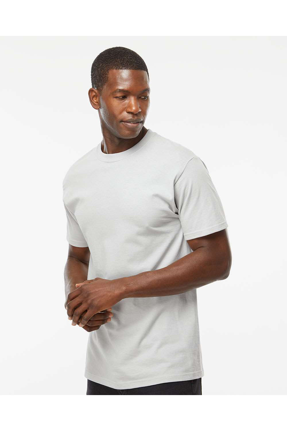 M&O 4800 Mens Gold Soft Touch Short Sleeve Crewneck T-Shirt Platinum Grey Model Side