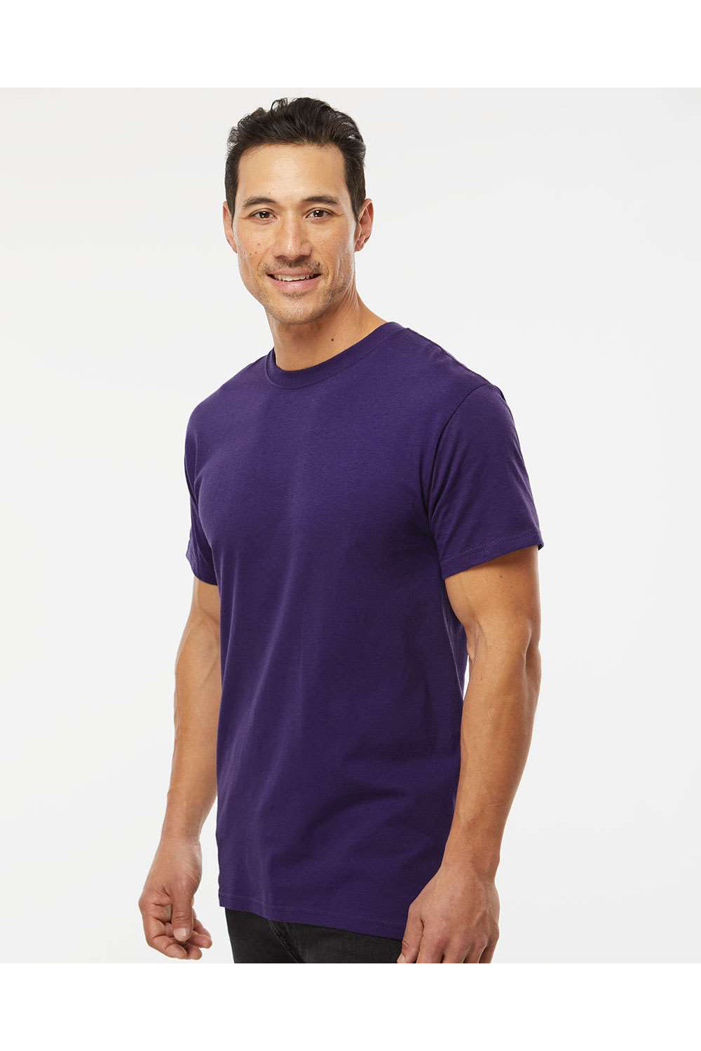 M&O 4800 Mens Gold Soft Touch Short Sleeve Crewneck T-Shirt Purple Model Side