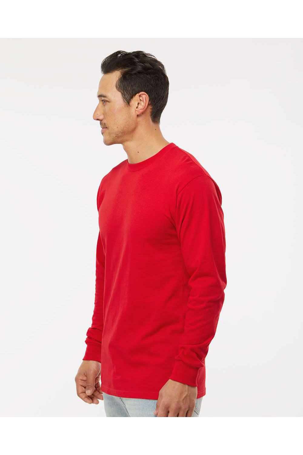 M&O 4820 Mens Gold Soft Touch Long Sleeve Crewneck T-Shirt Deep Red Model Side