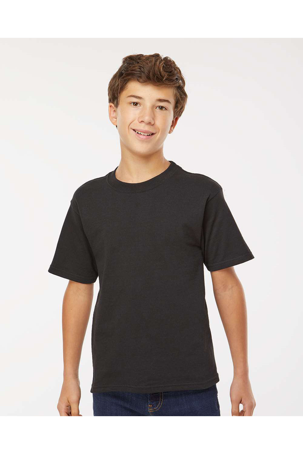 M&O 4850 Youth Gold Soft Touch Short Sleeve Crewneck T-Shirt Black Model Front