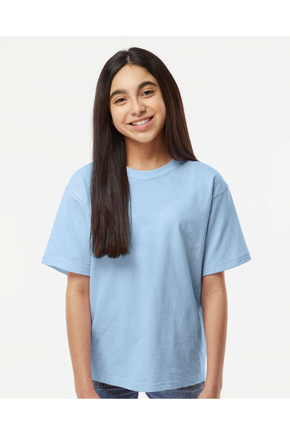 M&O 4850 Youth Gold Soft Touch Short Sleeve Crewneck T-Shirt Light Blue Model Front