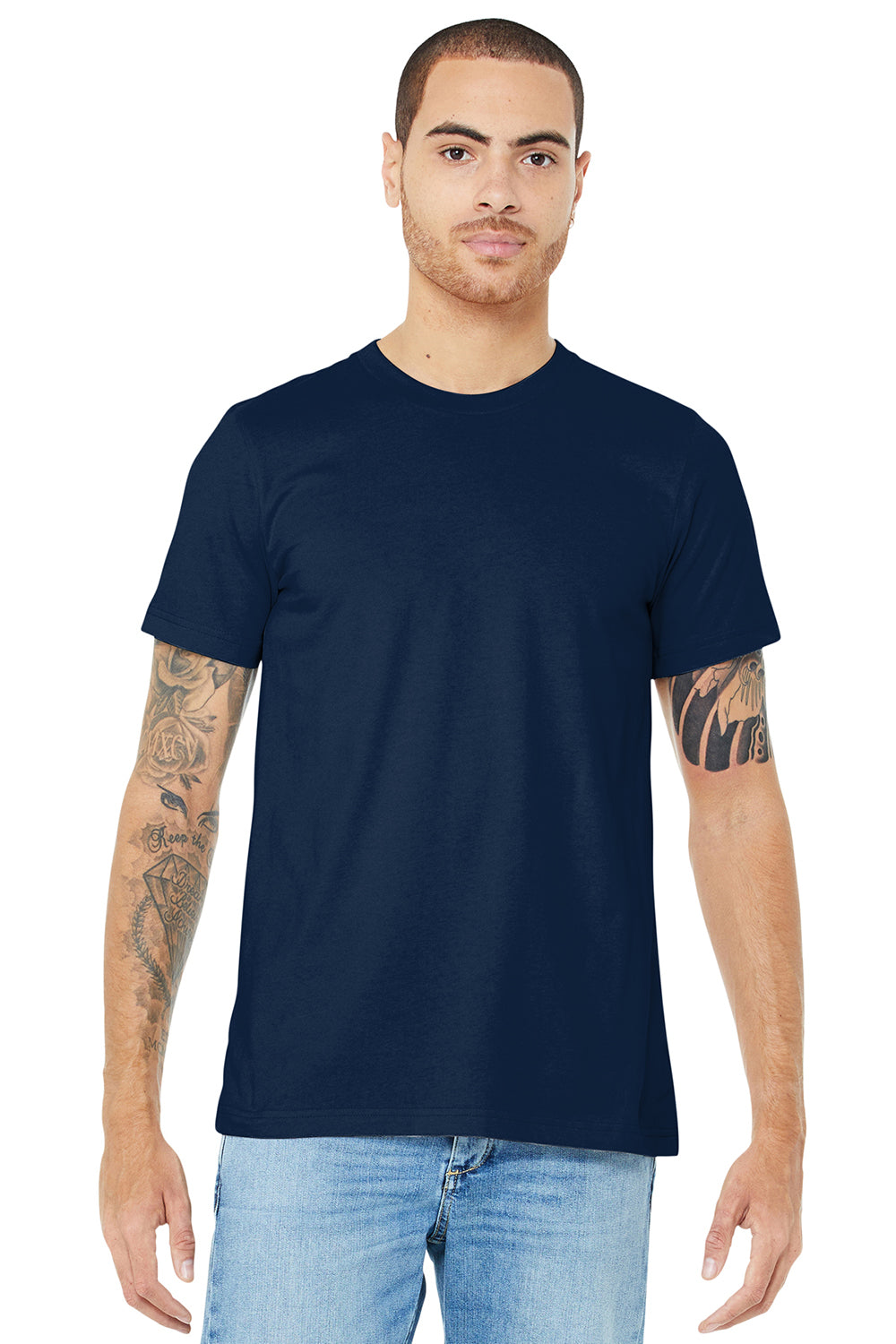 Bella + Canvas BC3001/3001C Mens Jersey Short Sleeve Crewneck T-Shirt Navy Blue Model Front