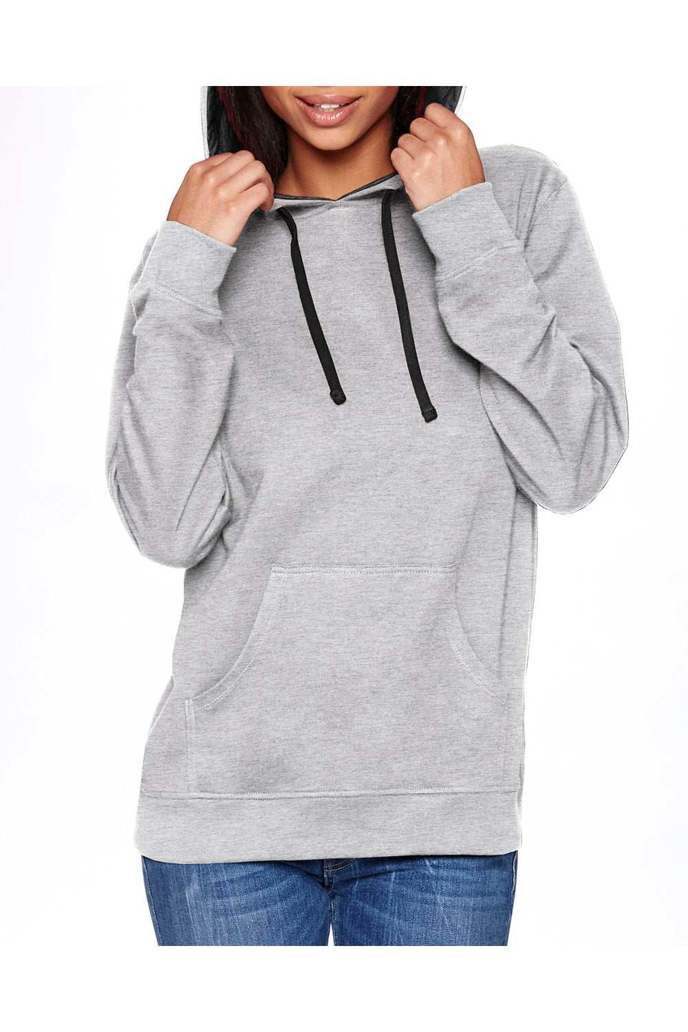 Next Level 9301 Mens French Terry Fleece Hooded Sweatshirt Hoodie w/ Pouch Pocket Heather Grey/Black Model Front