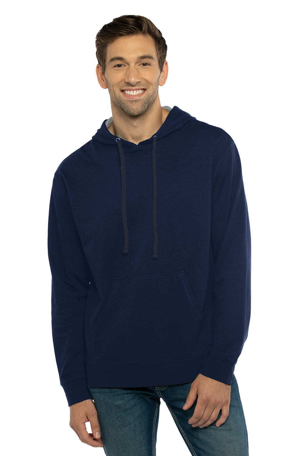 Next Level 9301 Mens French Terry Fleece Hooded Sweatshirt Hoodie w/ Pouch Pocket Midnight Navy Blue/Heather Grey Model Front