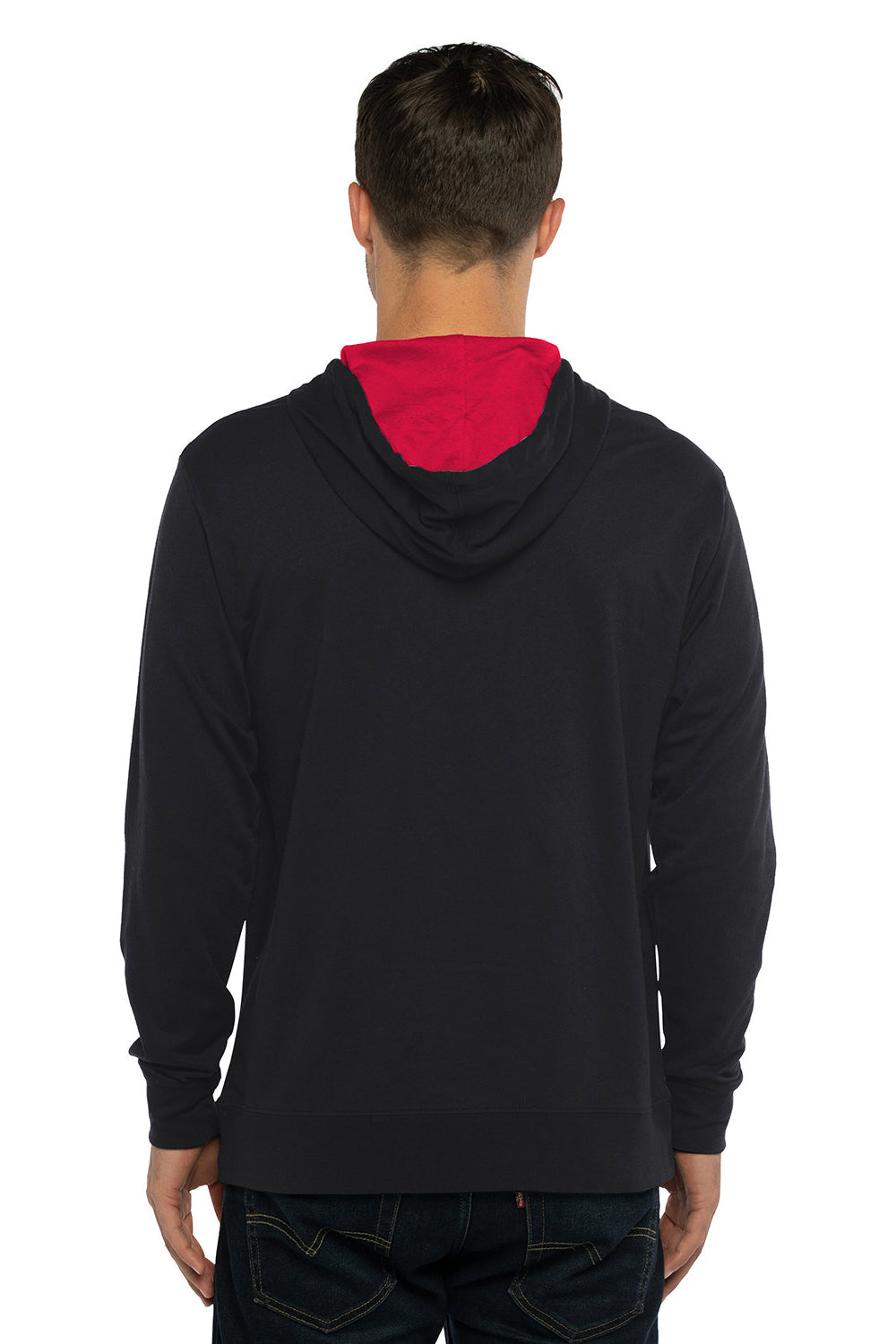 Next Level 9301 Mens French Terry Fleece Hooded Sweatshirt Hoodie w/ Pouch Pocket Black/Red Model Back