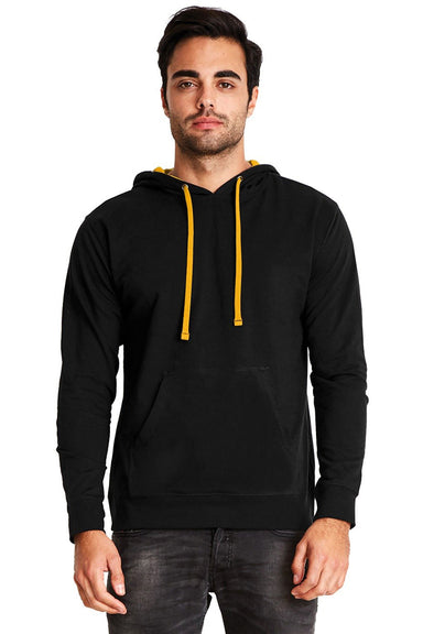 Next Level 9301 Mens French Terry Fleece Hooded Sweatshirt Hoodie w/ Pouch Pocket Black/Gold Model Front