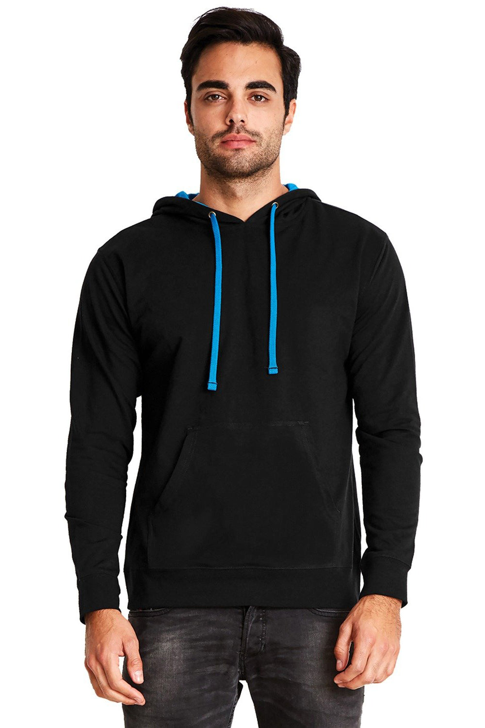 Next Level 9301 Mens French Terry Fleece Hooded Sweatshirt Hoodie w/ Pouch Pocket Black/Turquoise Blue Model Front