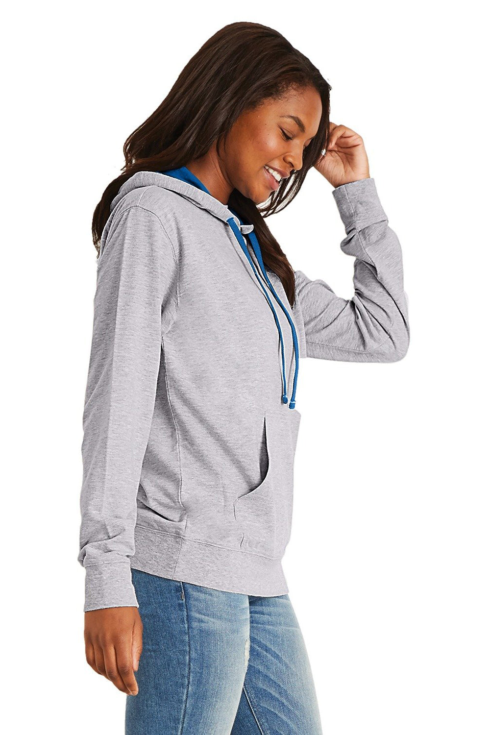 Next Level 9301 Mens French Terry Fleece Hooded Sweatshirt Hoodie w/ Pouch Pocket Heather Grey/Royal Blue Model Side