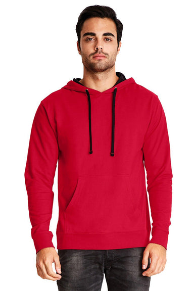 Next Level 9301 Mens French Terry Fleece Hooded Sweatshirt Hoodie w/ Pouch Pocket Red/Black Model Front