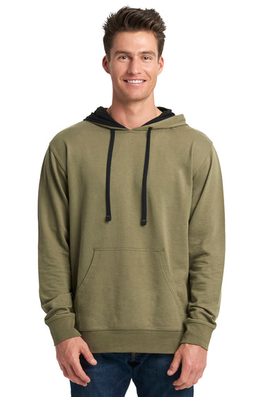 Next Level 9301 Mens French Terry Fleece Hooded Sweatshirt Hoodie w/ Pouch Pocket Military Green/Black Model Front