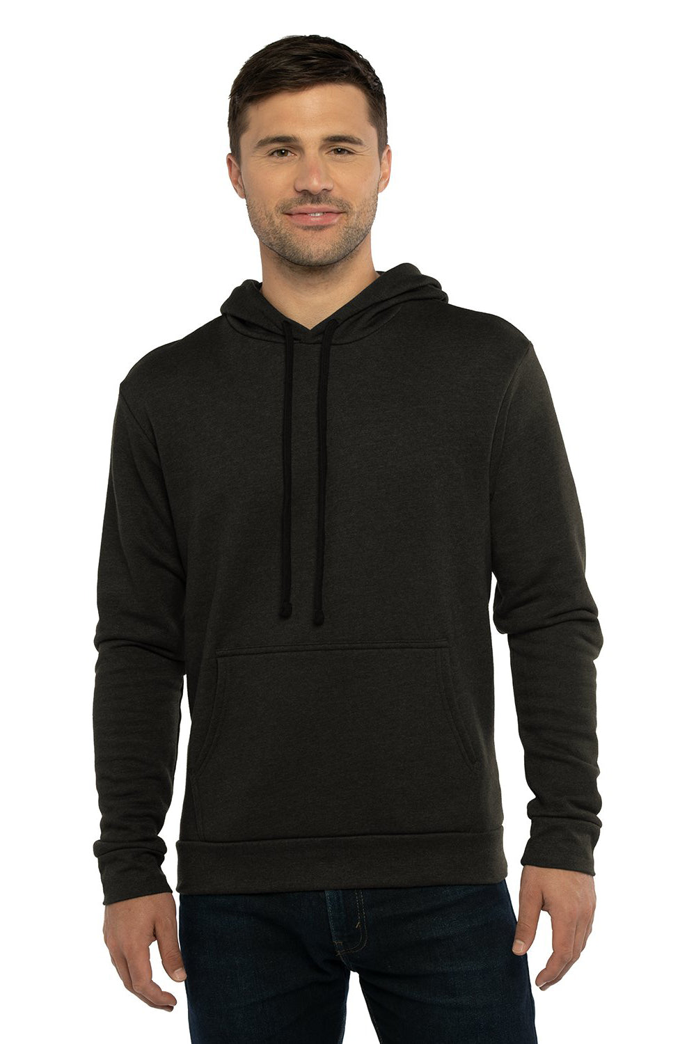 Next Level 9302 Mens Malibu Hooded Sweatshirt Hoodie w/ Pouch Pocket Heather Black Model Front