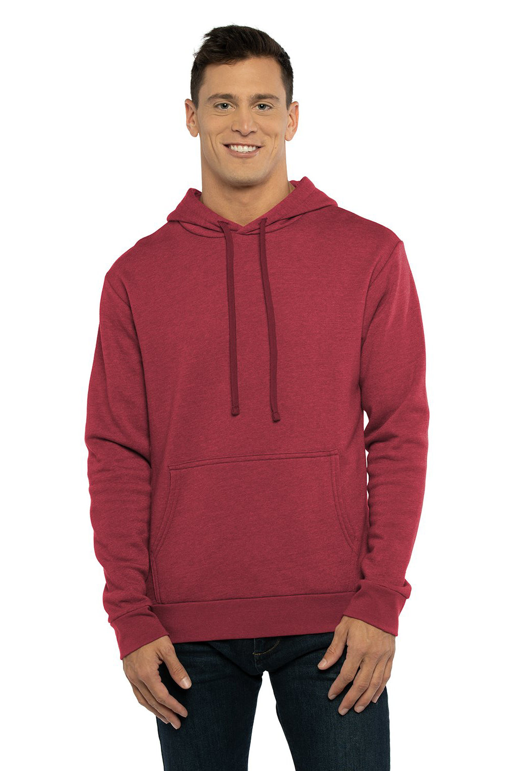 Next Level 9302 Mens Malibu Hooded Sweatshirt Hoodie w/ Pouch Pocket Heather Cardinal Red Model Front